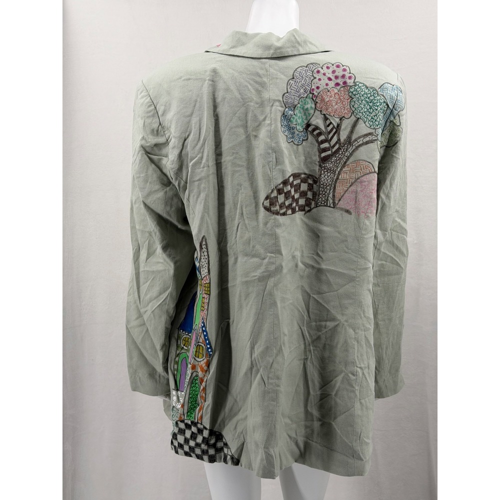 Eloquii Jacket Womens 20 Green Graphic Artsy Whimsical Boho Linen Blend Teacher - Picture 5 of 11